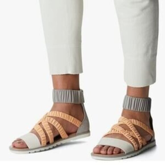 Sorel 7  ELLA II Ankle Strap Orange Grey Summer Sandals Flats - Picture 1 of 9